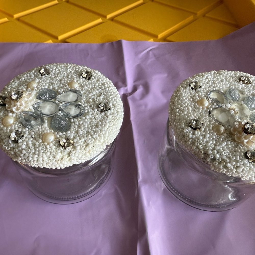 Decorative handcrafted Glass mason Jars w Beaded Lids